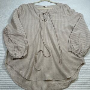 Easel Tan/Cream Striped Tie Front Blouse. Size Large. Neutral. Minimalis…